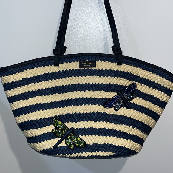 NWT! $378 kate spade Shore Thing Dragonfly Embellished Striped Straw Large Tote - Picture 6 of 17